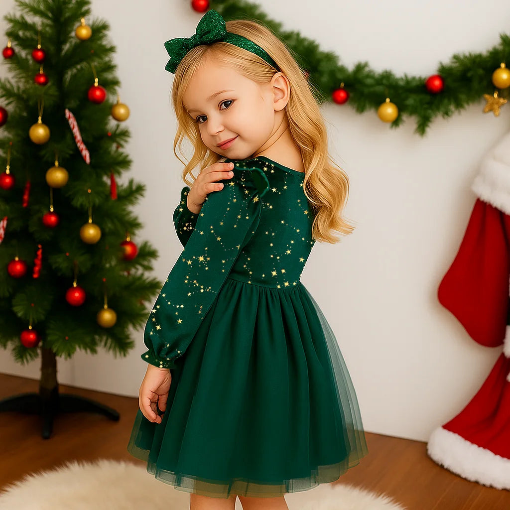 Velvet Long Sleeved Mesh Bow Princess Dress