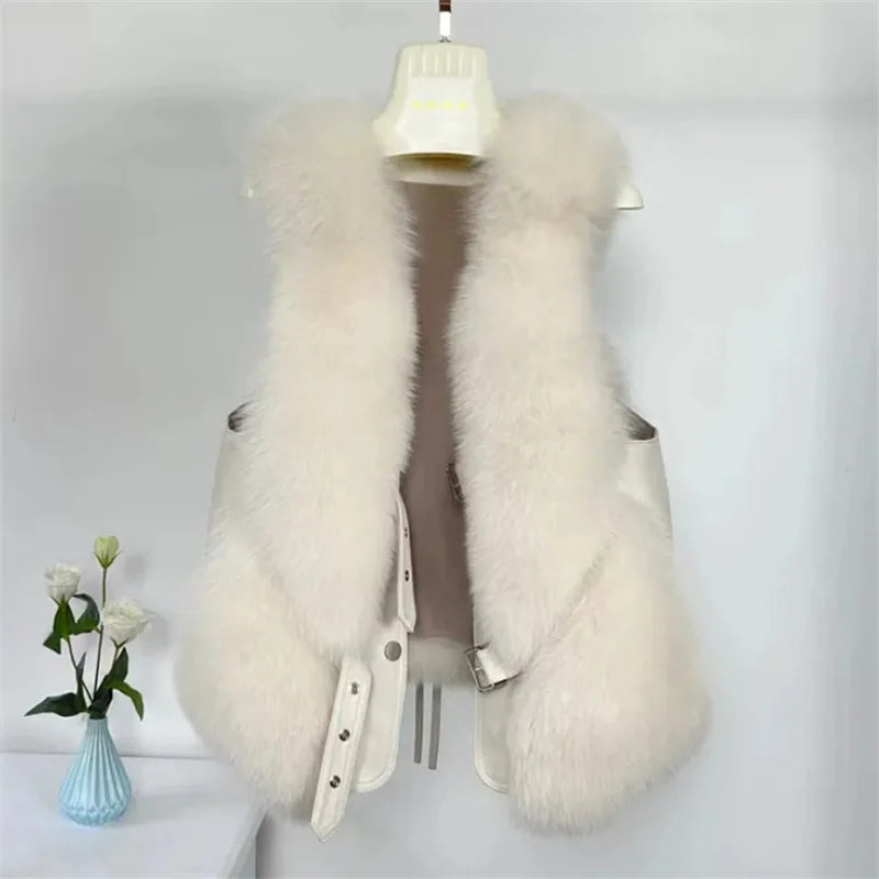 2024 Autumn and Winter Fox Fur Vest Short Style Splicing Solid Color Fur New Camry Shoulder V-neck Qianjin Style Short Style