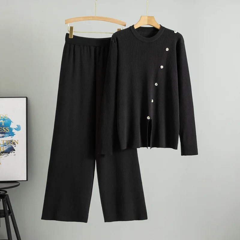 Muslim Knitted Pullover Sweater Wide Leg Pant Set