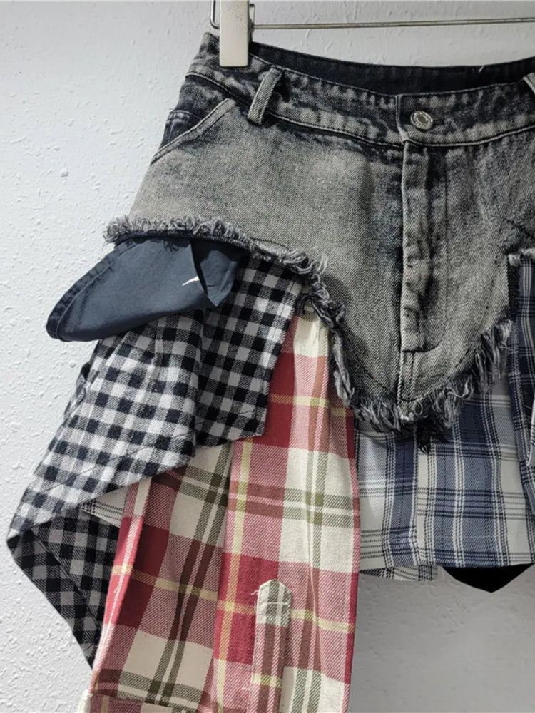 Plaid Denim Spliced Tassel Irregular Hem A-Line Patchwork Skirt