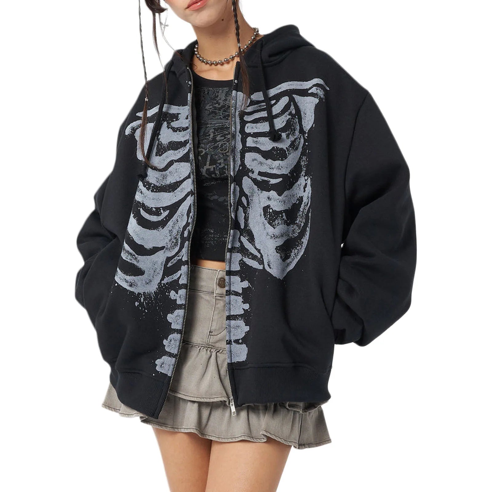 Casual Hooded Long Sleeve Skull Print Zipper Hoodie