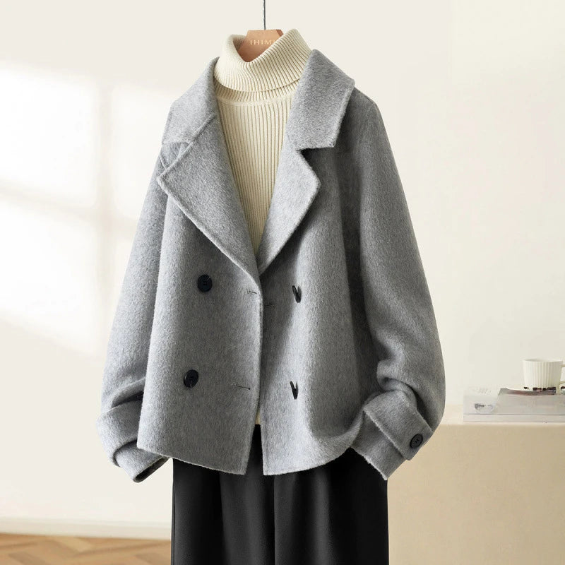 Autumn Winter Korean Women Woolen Coat Jacket Double Breasted Solid Turn Down Collar Lapel Female Woman Office Lady Tops Outwear