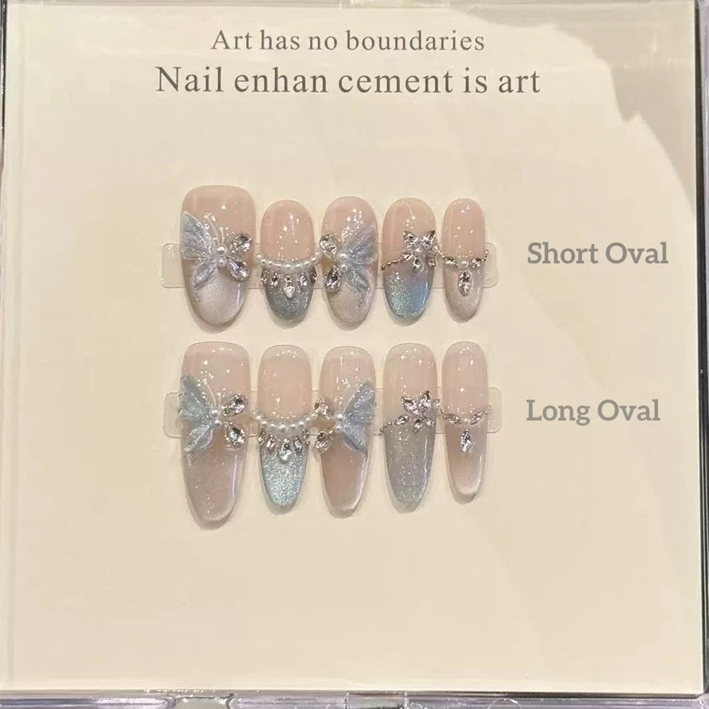 Handmade Luxury Nails Set Press on Nude Gradient Medium-length Cat Eye Reusable Adhesive False Nails Full Cover Nail Tips