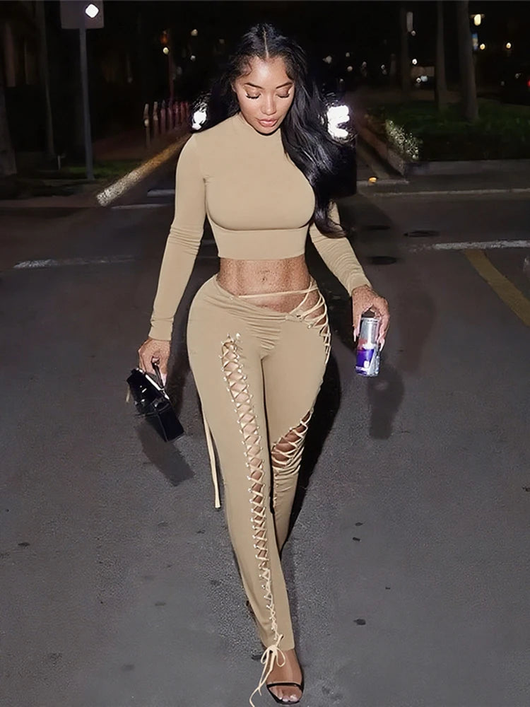 Solid Full Sleeve Crop Tops+Drawstring Slash Waist Pants Set