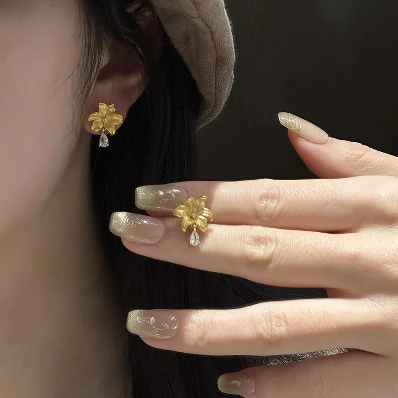 24K Gold Plated Waterdrop Crystal Tassel Flower Stud Earrings