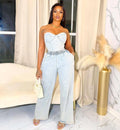 Denim Ensemble Strapless Top Sleeveless Backless Zipper Elastic Waist Jeans 2 Piece Set