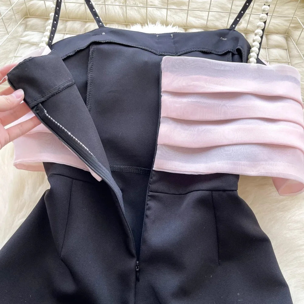 Basics pearls Sleeveless Vintage Spliced  Asymmetrical ruffle Top Slim High Waist short Pants Vacation High Street Summer Sets