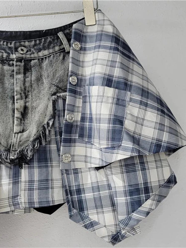 Plaid Denim Spliced Tassel Irregular Hem A-Line Patchwork Skirt