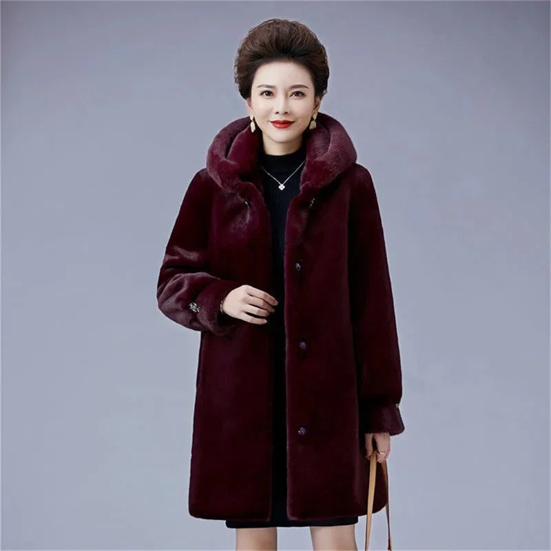 2024 New Mink Coat Female Mid-Elderly Mother Whole Mink Fur Mid-Long Parka Mother's Mink Velvet Coat Imitation Fur Coat Hooded