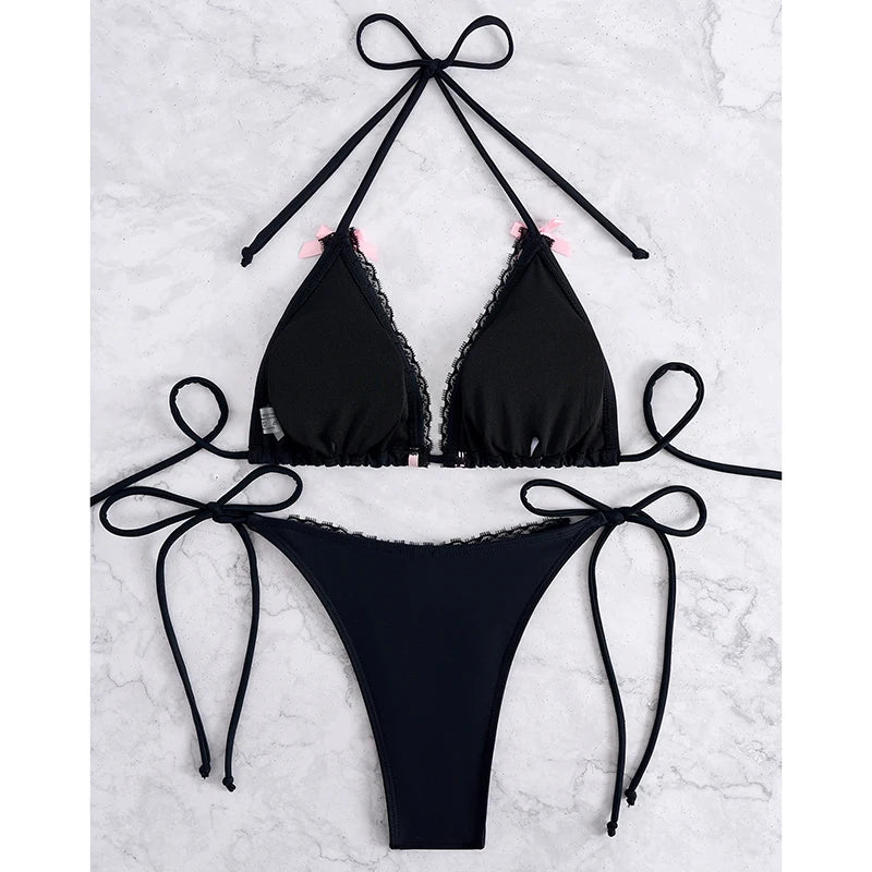 Patchwork Bowknot Triangle Lace Up Micro Bikini