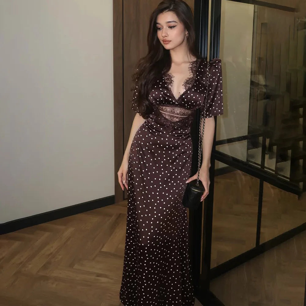Brown Polka Dot Print Maxi Dress