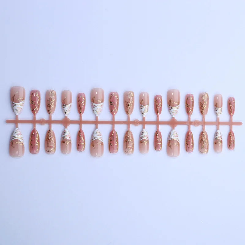 24PCS Luxury Golden Flower Irregular Lines Almond False Nails