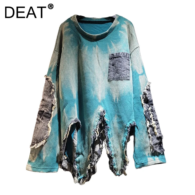 Irregular Patchwork Denim Tassel Colorful Tie-dye Knitted Pullover