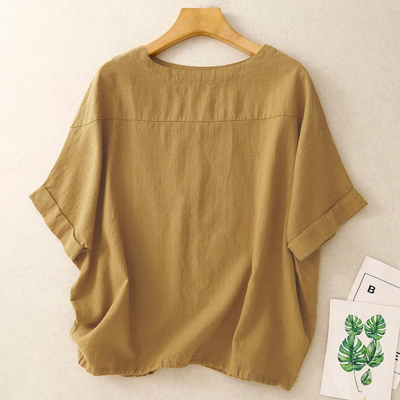 Linen Round Neck Short-Sleeved Shirt