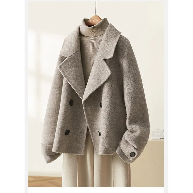 Autumn Winter Korean Women Woolen Coat Jacket Double Breasted Solid Turn Down Collar Lapel Female Woman Office Lady Tops Outwear