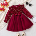 Velvet Long Sleeved Mesh Bow Princess Dress