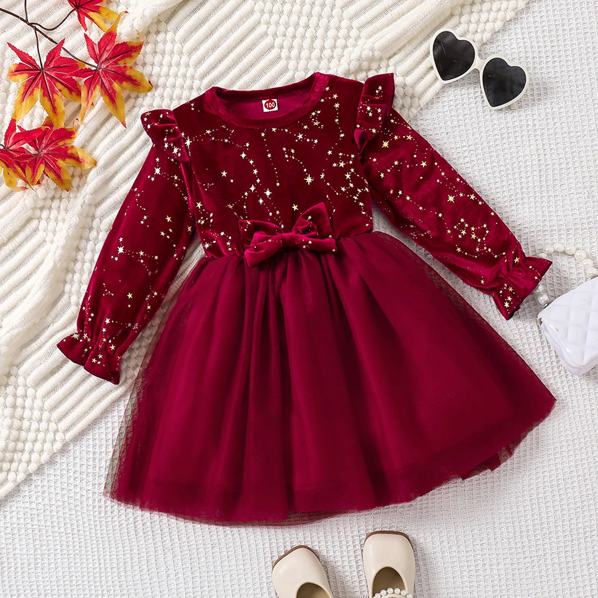 Velvet Long Sleeved Mesh Bow Princess Dress