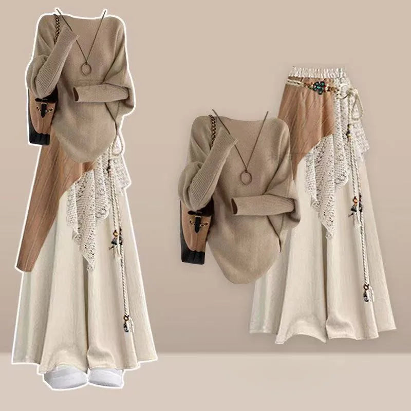Lazy Style Knitted Shirt, Lace Draped Casual Skirt and Pants Set, Women's Autumn and Winter Atmosphere, Relaxed Wearing Style