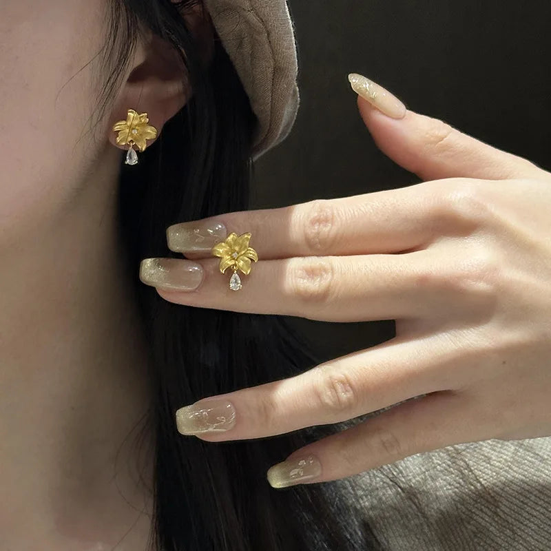 24K Gold Plated Waterdrop Crystal Tassel Flower Stud Earrings