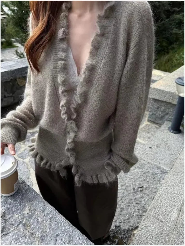 V-Neck Cinched Ruffle Edge Cardigan