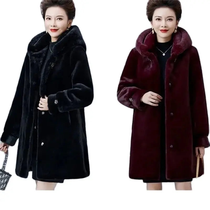 2024 New Mink Coat Female Mid-Elderly Mother Whole Mink Fur Mid-Long Parka Mother's Mink Velvet Coat Imitation Fur Coat Hooded