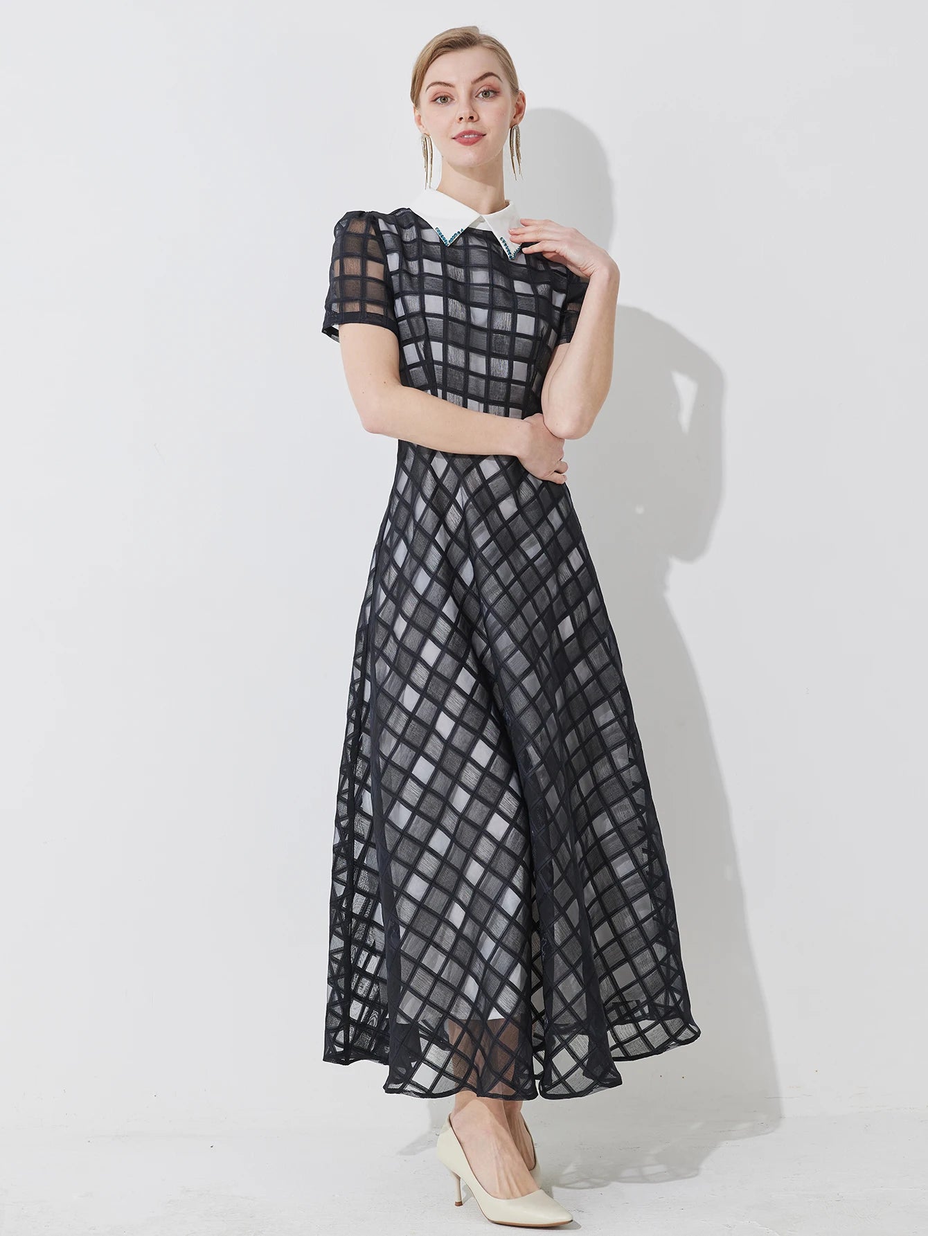 Plaid Dress Lapel A-Line Long Dress