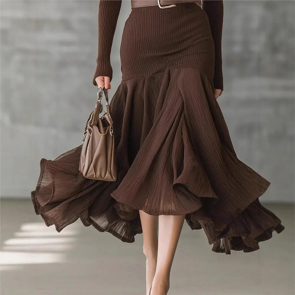 Autumn Brown Long-sleeved V Neck Dress For Women'S Fashion Fitted With Large Swing Elegant Female Belt Tied Dresses 2025