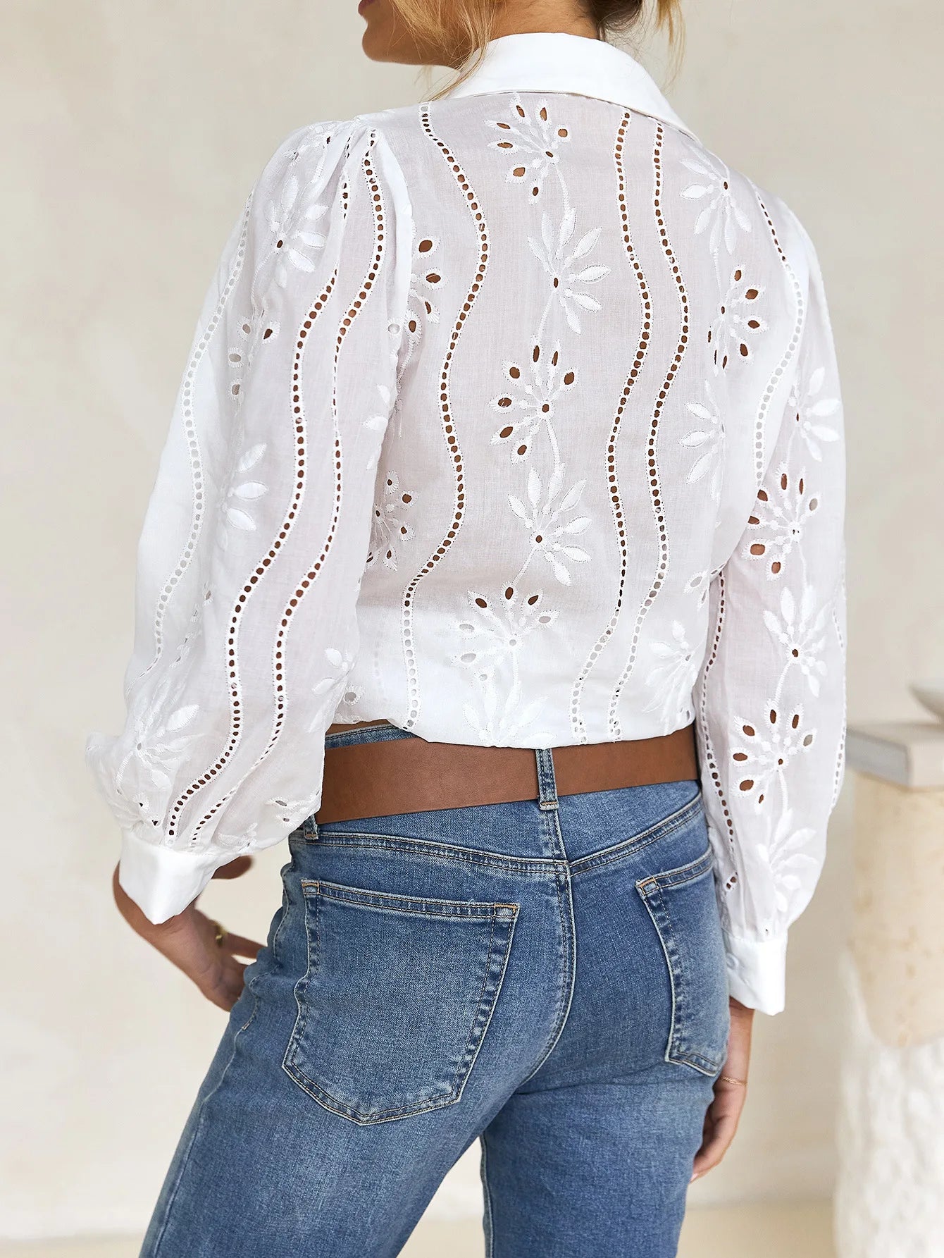 2025 Autumn New Solid Shirt Casual Loose Fashion Hollow Puff Sleeve Cardigan Tops For Women Office Black Hollow out Blouses