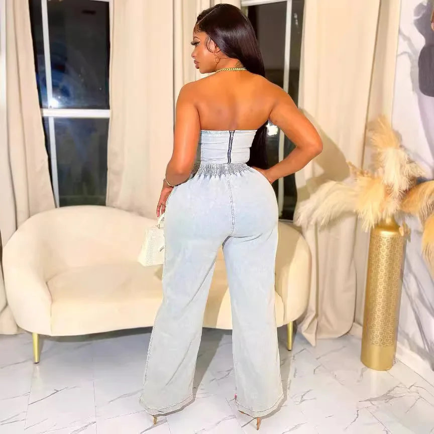 Denim Ensemble Strapless Top Sleeveless Backless Zipper Elastic Waist Jeans 2 Piece Set