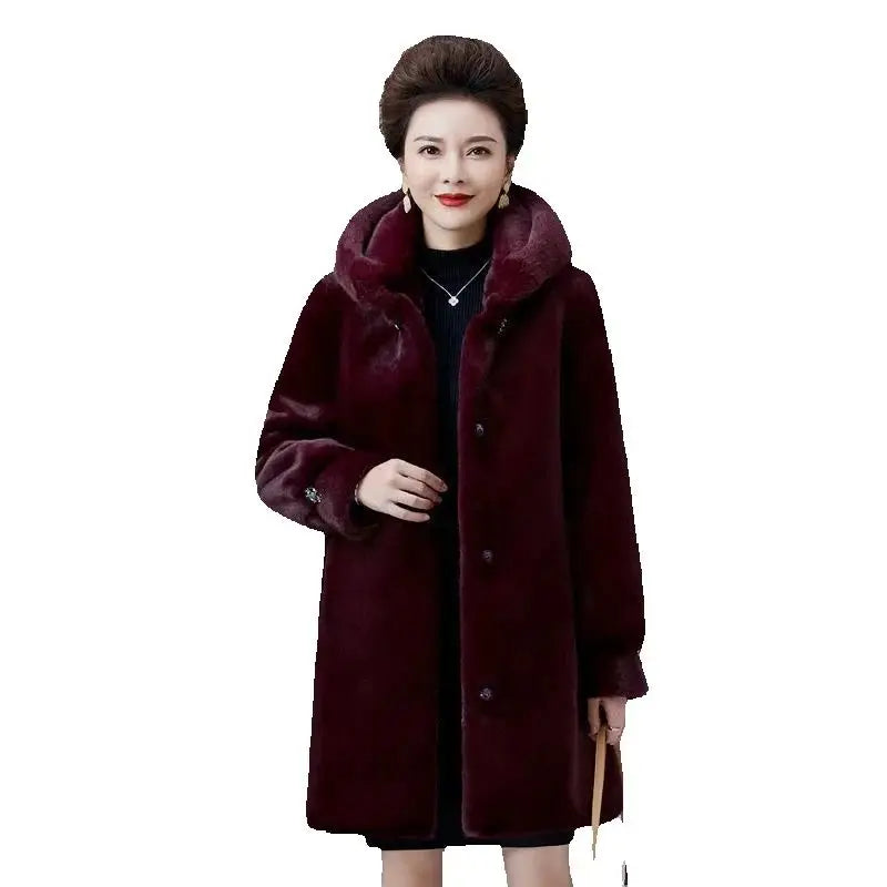 2024 New Mink Coat Female Mid-Elderly Mother Whole Mink Fur Mid-Long Parka Mother's Mink Velvet Coat Imitation Fur Coat Hooded