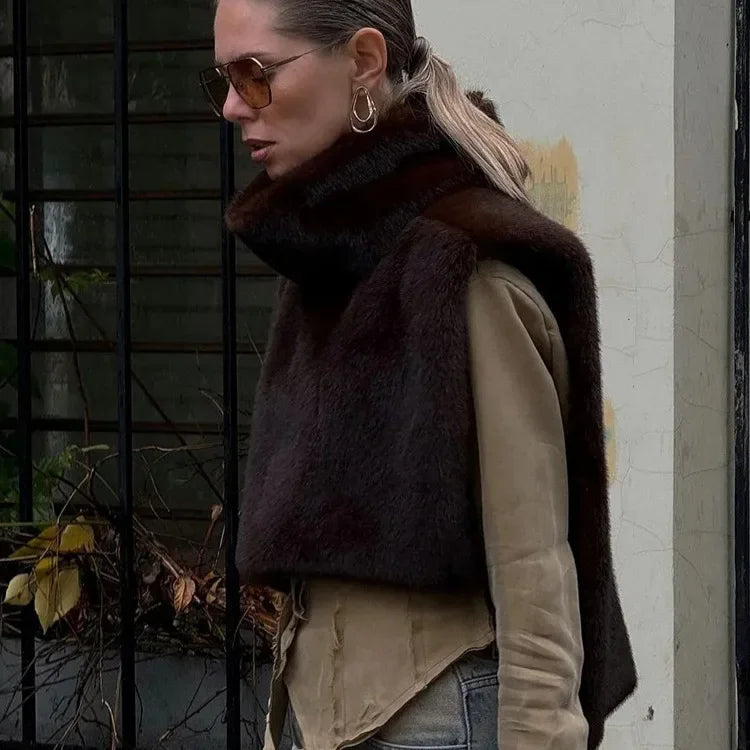 2025 New Autumn Winter Turtleneck Eco Faux Mink Fur Tank Tops Sleeveless Jacket Coat Faux Fur Sable Vest Crop Top