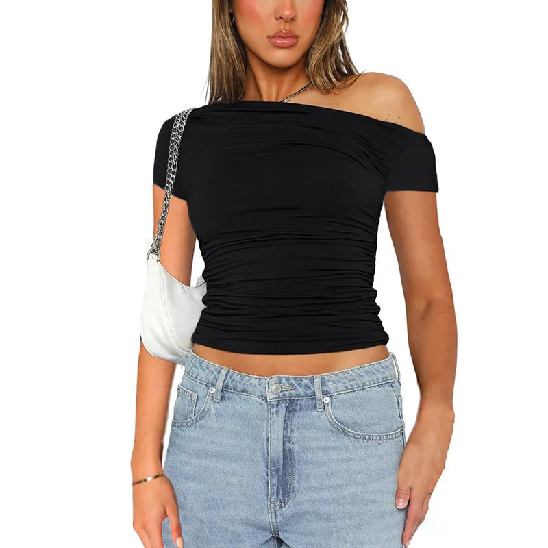 Solid Color High Elasticity Fabric Slash Shoulder Short Sleeve Pleated Navel Reveal Top