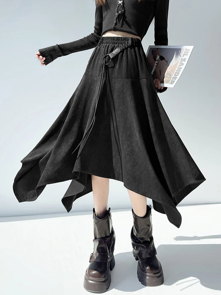 High Waist Vintage Belt Faux Suede Fabric Skirt