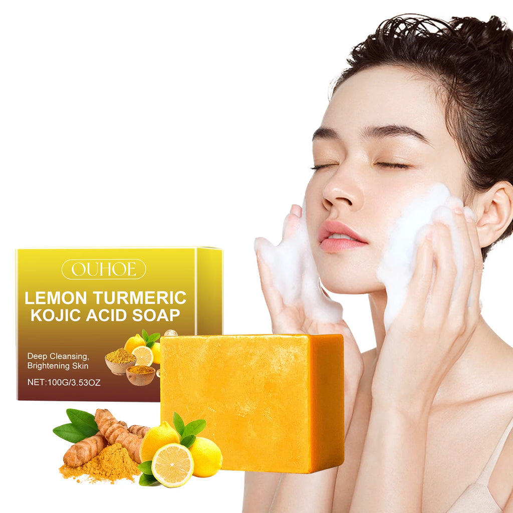 Lemon Turmeric Kojic Acid Soap Brightening Deeply Cleansing Glowing Body Rejuvenating Exfoliating Even Skin Tone Handmade Soap