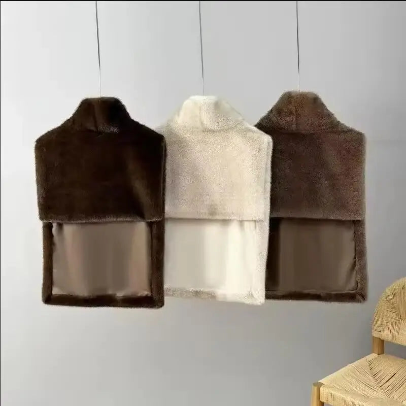 2025 Brand Fashion Faux Fur Sable Vest Crop Top Autumn Winter Turtleneck Eco Mink Fur Tank Tops Sleeveless Jacket Coat