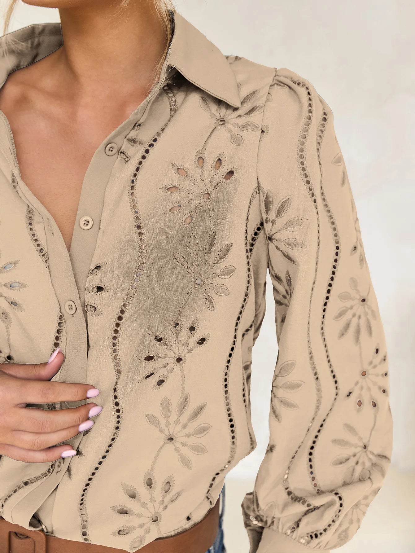 2025 Autumn New Solid Shirt Casual Loose Fashion Hollow Puff Sleeve Cardigan Tops For Women Office Black Hollow out Blouses