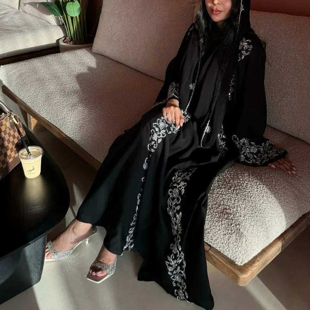 Black Silver Nail Beaded Abaya