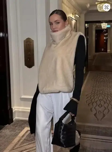 2025 New Autumn Winter Turtleneck Eco Faux Mink Fur Tank Tops Sleeveless Jacket Coat Faux Fur Sable Vest Crop Top