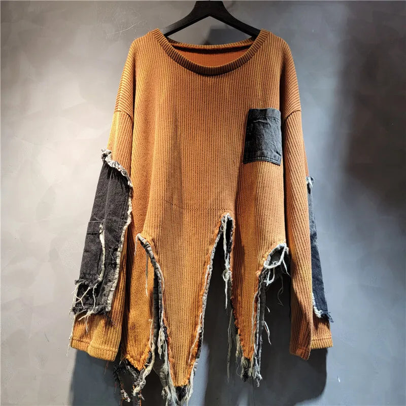 Irregular Patchwork Denim Tassel Colorful Tie-dye Knitted Pullover