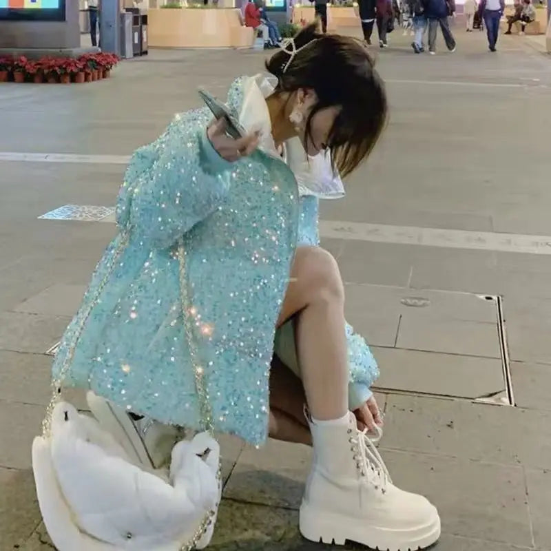 Winter Colorful Sequins Thickening Warm Down Coat Bomber Cotton-padded Beaded Puffer Jacket Zipper Parka Stand Collar Cardigan