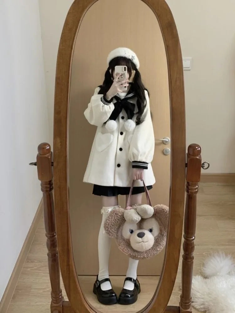 Sweet Bow Sailor Collar Black Tweed Coat