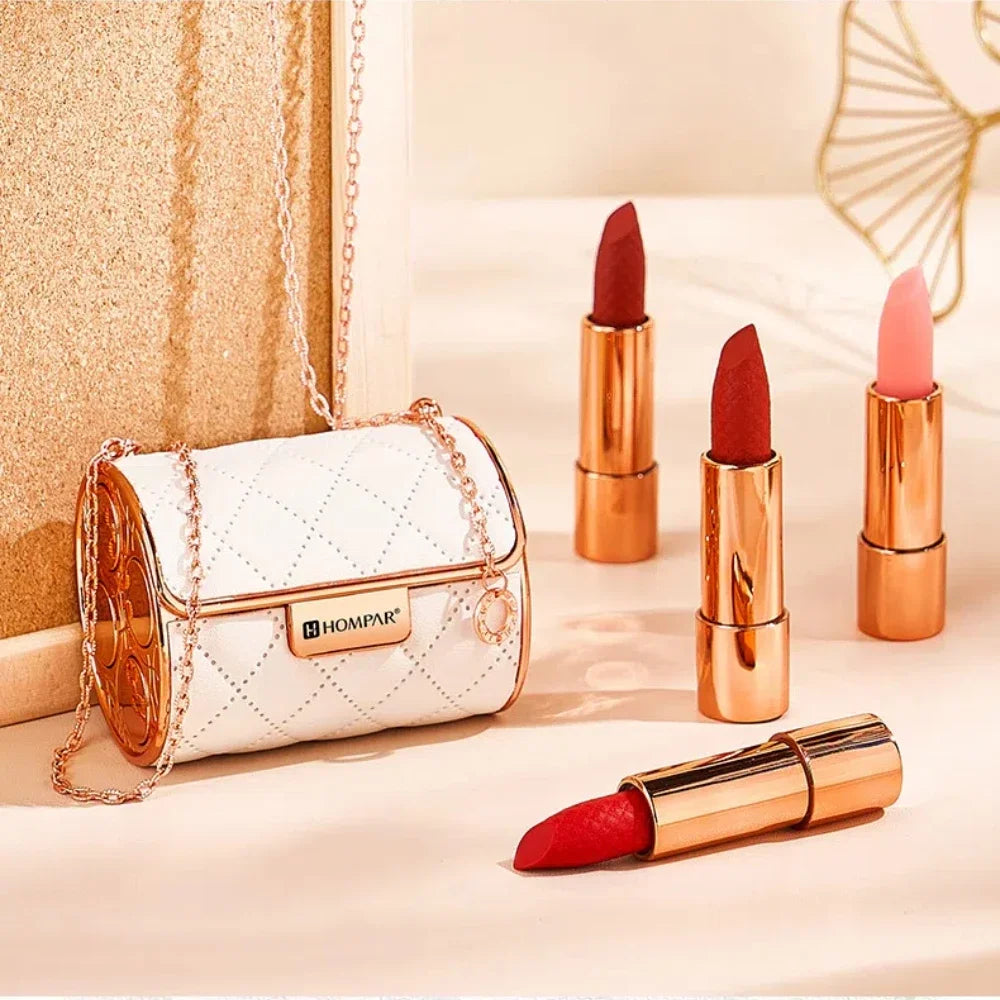 Chain Bag Lipstick Set 4 Color Long Lasting Matte Lip Stick White Leather Gift Box for Girl Women's Birthday Gift makeup