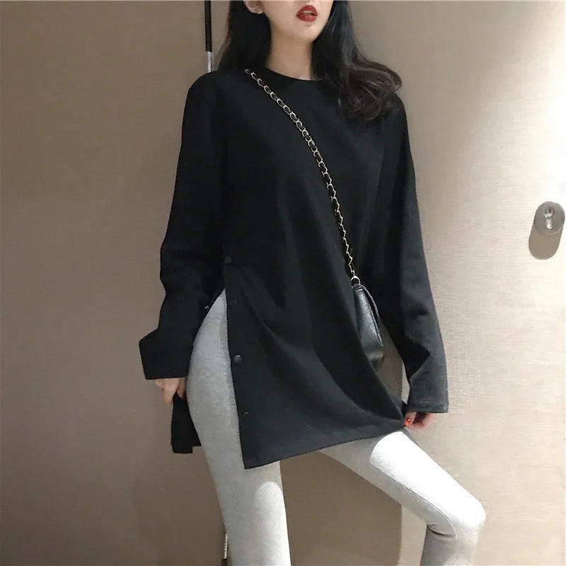 Loose Long Sve T-Shirt Women's Spring Autumn Korean Trendy BF Lazy Sle Student Versatile Slit Base Shirt Top