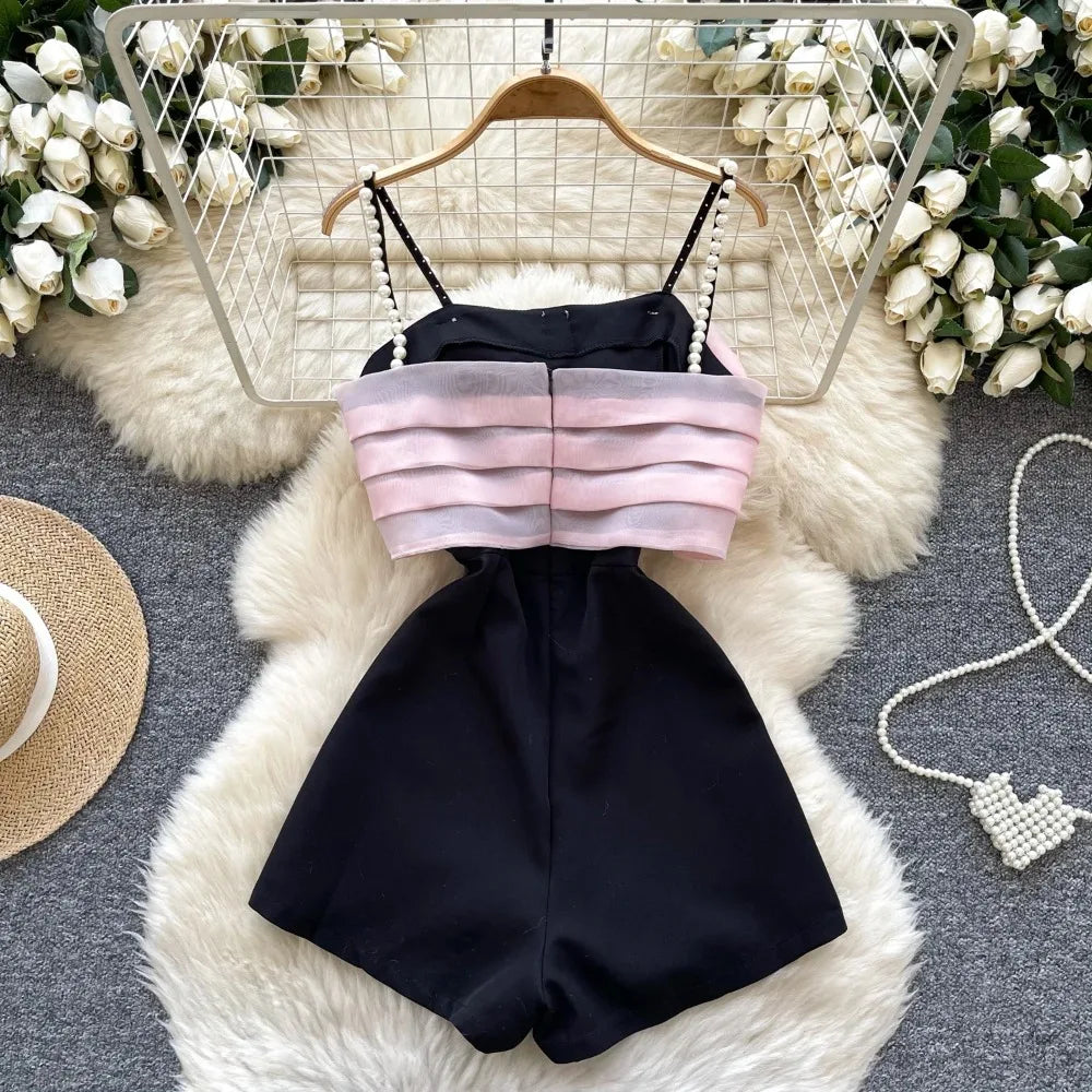 Basics pearls Sleeveless Vintage Spliced  Asymmetrical ruffle Top Slim High Waist short Pants Vacation High Street Summer Sets