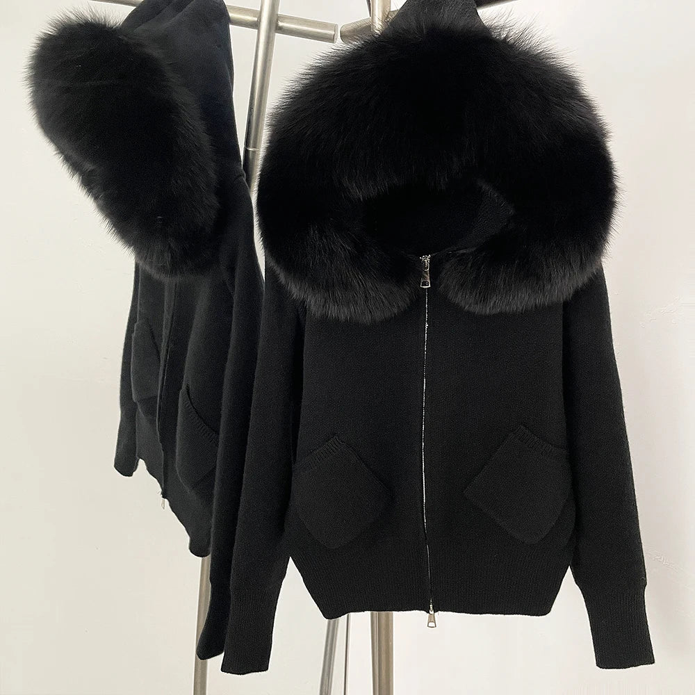 Hooded Big Real Fox Fur Collar Fashion Clothes Cardigan Autumn Winter Female Fashion Short Knitted Jacket Women Natural Fur Coat