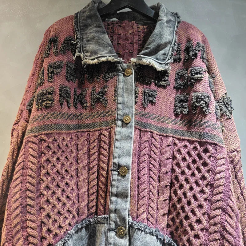 Solid Color Knitted Loose Denim Patchwork Sweater