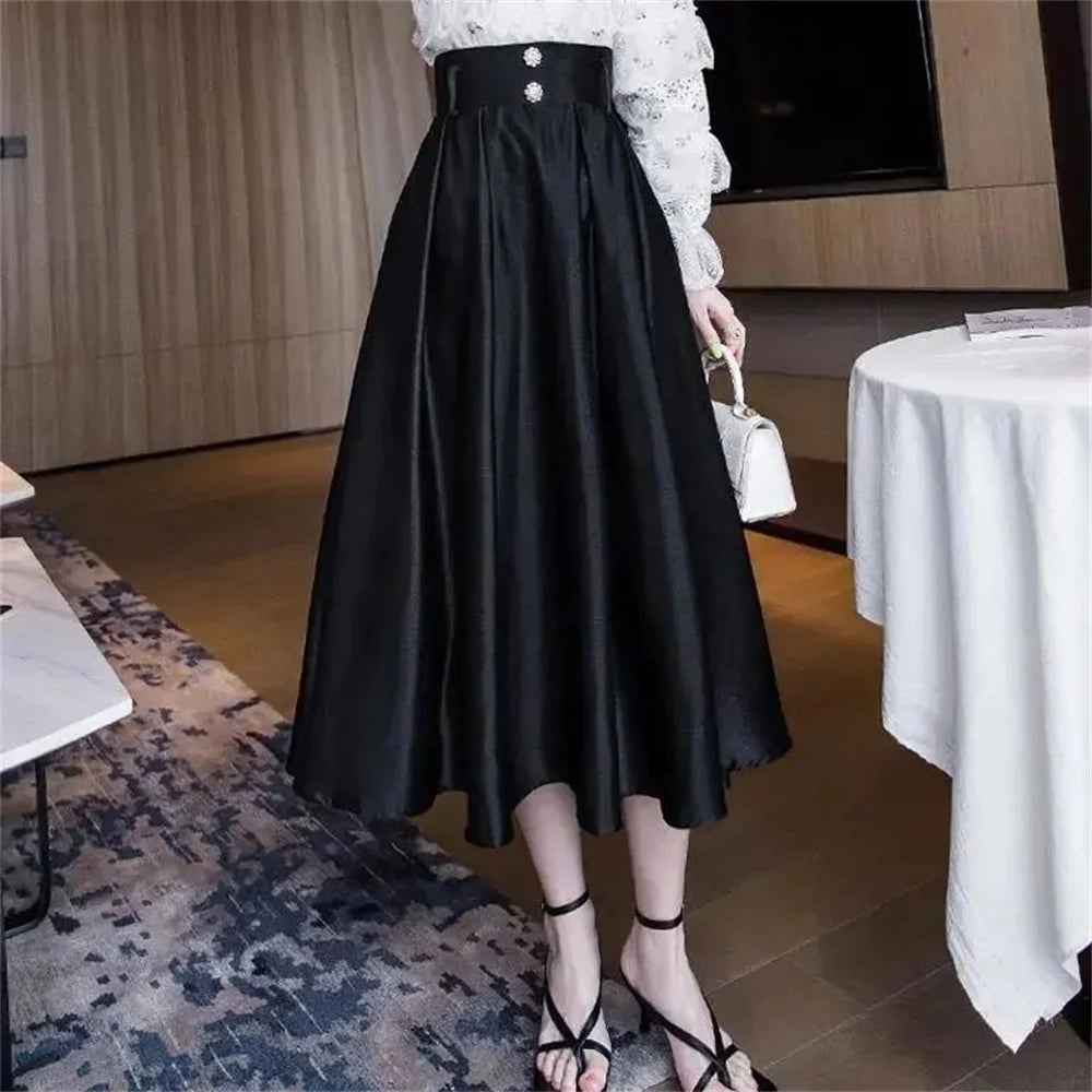 Big Swing High Waist Black Skirts Women Fashion Pleated Satin Midi Skirt Woman Button A-line Autumn Winter Long Party Skirt Lady