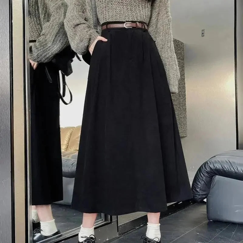 Vintage Belt Corduroy Midi Skirt