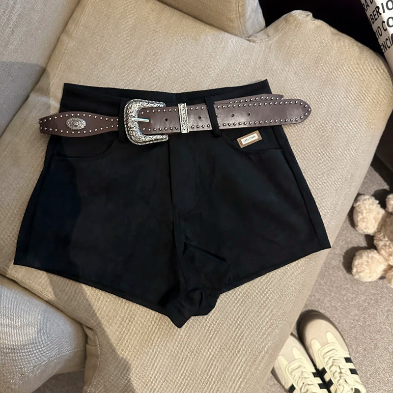 High Waist A Line Wide Leg Suede Shorts With Belt