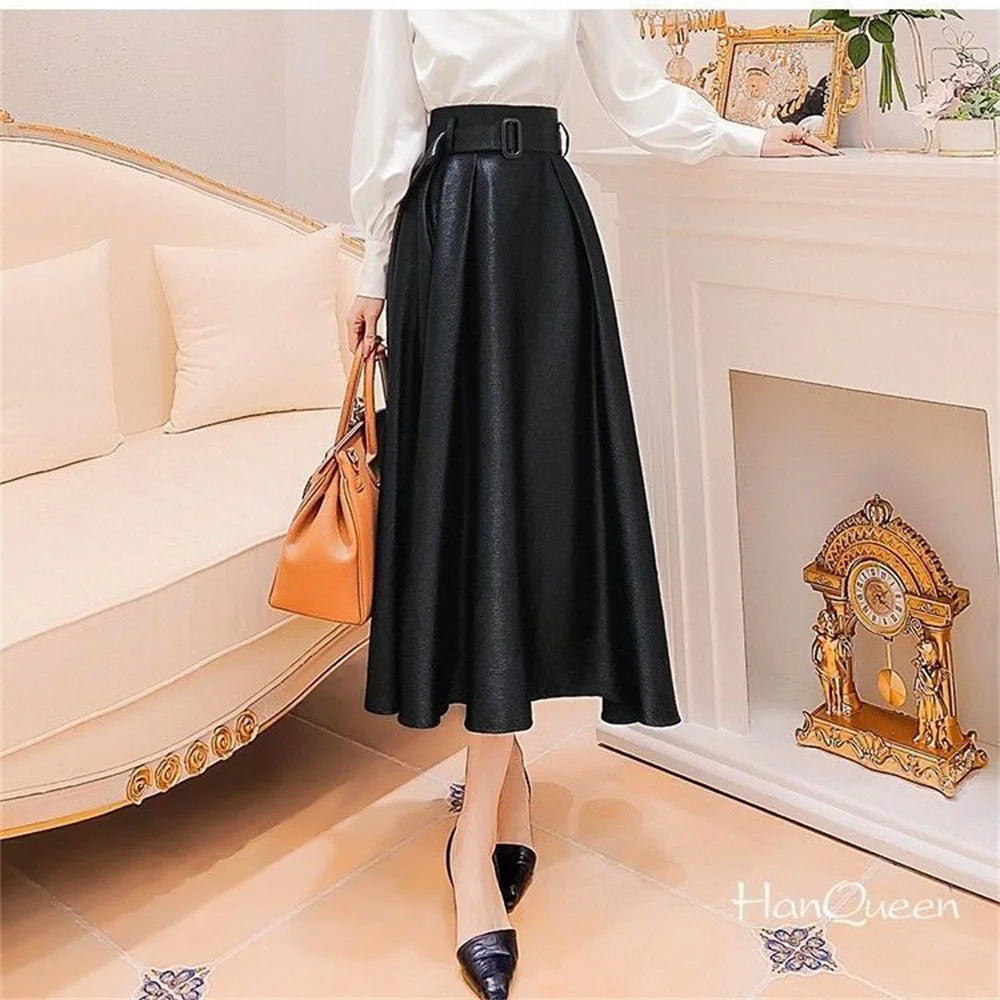 Big Swing High Waist Black Skirts Women Fashion Pleated Satin Midi Skirt Woman Button A-line Autumn Winter Long Party Skirt Lady